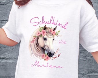 T-shirt met paardenthema voor schoolkinderen in 2026 - gepersonaliseerd met naam en schooljaar - eerste schooldag voor meisjes, cadeau met paardenthema voor meisjes, terug naar school