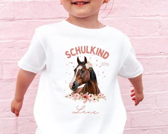 Paarden T-shirt voor schoolkinderen – Gepersonaliseerd met naam – Paardenhoofdmotief – Cadeau voor meisjes voor de start van het schooljaar