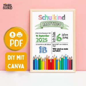 Einschulungsposter Schulkind 2025 Meilensteintafel Geschenk 1. Klasse | Meilensteinposter zur Einschulung Schulanfang | Canva-Vorlage DIY