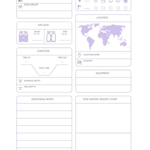 Puede incluir: Un libro de registro en blanco y negro para registrar información de buceo. El libro de registro incluye secciones para el número de inmersión, la fecha, el grupo de inmersión, el nivel de aire, la duración, las condiciones climáticas, la ubicación, el equipo, notas adicionales y el sello del centro de buceo/resort. El libro de registro también incluye secciones para el instructor, AI/DM y el compañero.