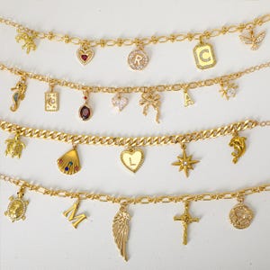 May include: Four gold chains with various charms, including a heart, a star, a seashell, a cross, a turtle, a dolphin, a palm tree, a letter 'R', a letter 'C', a letter 'A', a letter 'L', a letter 'M', and a wing.
