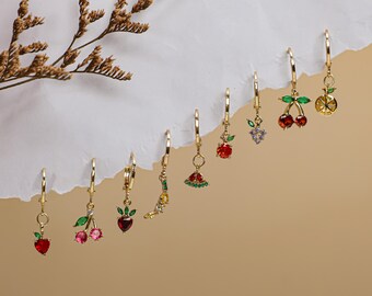 Fruit earrings, cherry earrings, delicate earrings, gold hoop earrings set, zircon earrings, summer earrings, bridal gift, mom gift