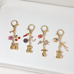以下が含まれることがあります： さまざまなチャームと文字が付いた、4つのゴールドカラーのキーホルダー。チャームには、蝶、さくらんぼ、唐辛子、月、小さなボトル、リボンが含まれます。文字はM、R、T、Bです。