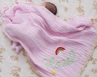 Custom Embroidered Baby Name Blanket,Personalised baby blanket,Lace Soft Cotton Knit baby blanket ,Newborn Gift,Baby Shower Gift