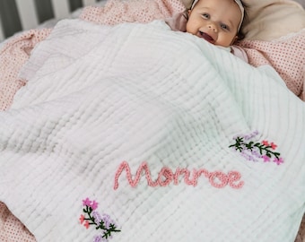 Custom Hand Embroidered Baby Swaddle,Personalized Baby Name Blanket,Floral Baby blanket,Baby Announcement,Newborn gift,Baby Shower Gift