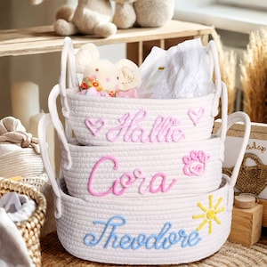 Personalized Baby shower gift basket, Custom diaper caddy Cotton Basket, Baby Gift Basket Toy Basket Storage Basket ,Custom Baby Name Gift image 1