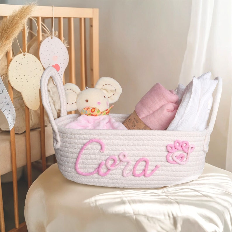 Personalized Baby shower gift basket, Custom diaper caddy Cotton Basket, Baby Gift Basket Toy Basket Storage Basket ,Custom Baby Name Gift image 3