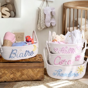 Personalized Baby shower gift basket, Custom diaper caddy Cotton Basket, Baby Gift Basket Toy Basket Storage Basket ,Custom Baby Name Gift image 2