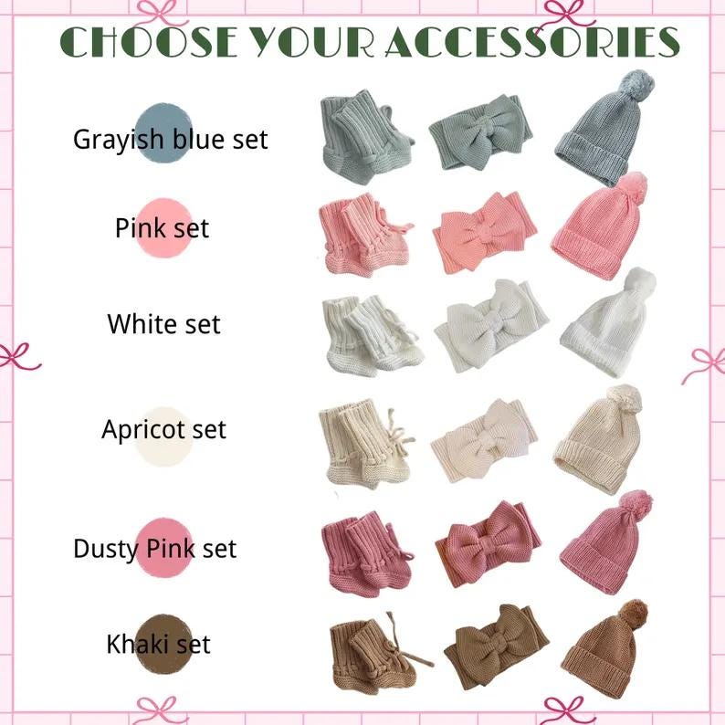 May include: A collection of six accessory sets, each featuring a pair of knit booties, a bow headband, and a pom-pom beanie. The sets are labeled as Grayish blue, Pink, White, Apricot, Dusty Pink, and Khaki, with corresponding color-coded circles.