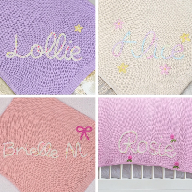 May include: Four personalized baby blankets with embroidered names. The blankets are in various colors, including purple, cream, pink, and light pink. Each blanket features a different name: Lollie, Alice, Brielle M., and Rosie.