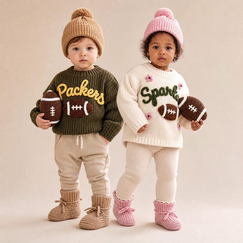 May include: Two children wearing knit sweaters, beanies, and booties. The left child wears an olive green sweater with yellow 'Packers' text and a brown football. The right child wears a cream sweater with green 'Spark' text, pink flowers, and a brown football.