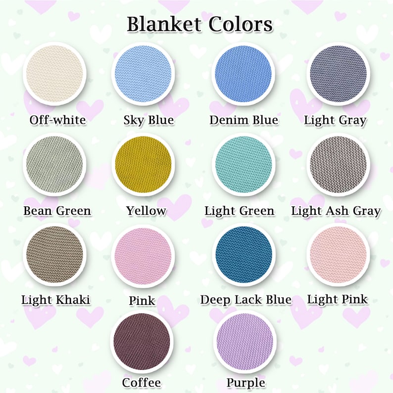 May include: A chart showing 12 different colors of fabric swatches. The colors are off-white, sky blue, denim blue, light gray, bean green, yellow, light green, light ash gray, light khaki, pink, deep lack blue, light pink, coffee, and purple.