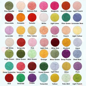 May include: A chart of 36 yarn colors, each color is represented by a ball of yarn. The colors include: Pine Needle, Beige, Salmon Pink, Fuchsia, Magenta, Burnt Orange, Light Peach, Chocolate, Pumpkin, Tomato, White, Light Lime, Pine Green, Lavender Blue, Lavender, Straw, Pale Yellow, Coral, Mauve, Peach, Light Yellow, Off-White, Burgundy, Pink, Light Pink, Wine Red, Mustard, Aqua, Sage Green, Olive Green, Mint Green, Orange, Moss Green, Deep Purple, Steel Blue, Deep Turquoise, Terracotta, Maroon, Forest Green, Light Blue, Olive, Plum, Red, Emerald, Purple, Turquoise, Yellow, Pale Mint, Light Peach.