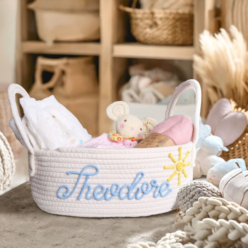 Personalized Baby Shower Gift Basket, Custom Diaper Caddy Cotton Basket
