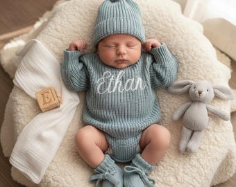 Embroidered Baby Romper Set with Name | Personalized Newborn Coming Home Outfit | Four Piece Gender neutral Gift Set