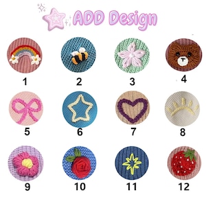May include: Twelve different embroidered designs on a knitted fabric background. The designs include a rainbow, a bee, a flower, a bear, a bow, a star, a heart, a sun, a flower, a rose, a star, and a strawberry.