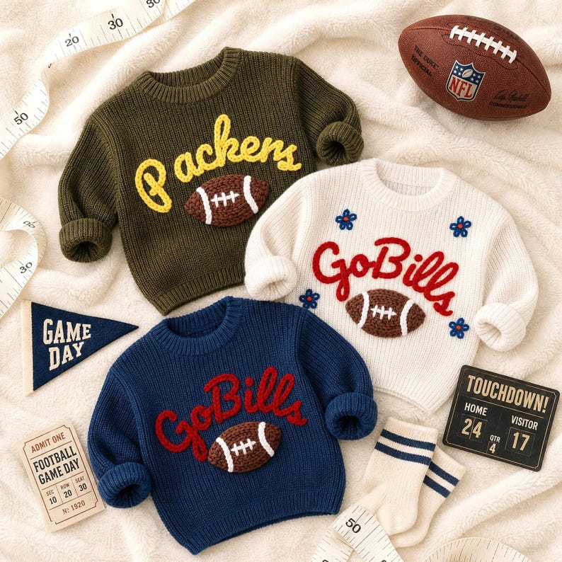 May include: Three long-sleeve knit sweaters in olive green, cream, and navy blue. The olive sweater features yellow text reading "Packers" and a football. The cream and navy sweaters feature red text reading "GoBills" and a football. Includes a football, a "GAME DAY" pennant, a "TOUCHDOWN" scoreboard sign, a "FOOTBALL GAME DAY" ticket, and socks.