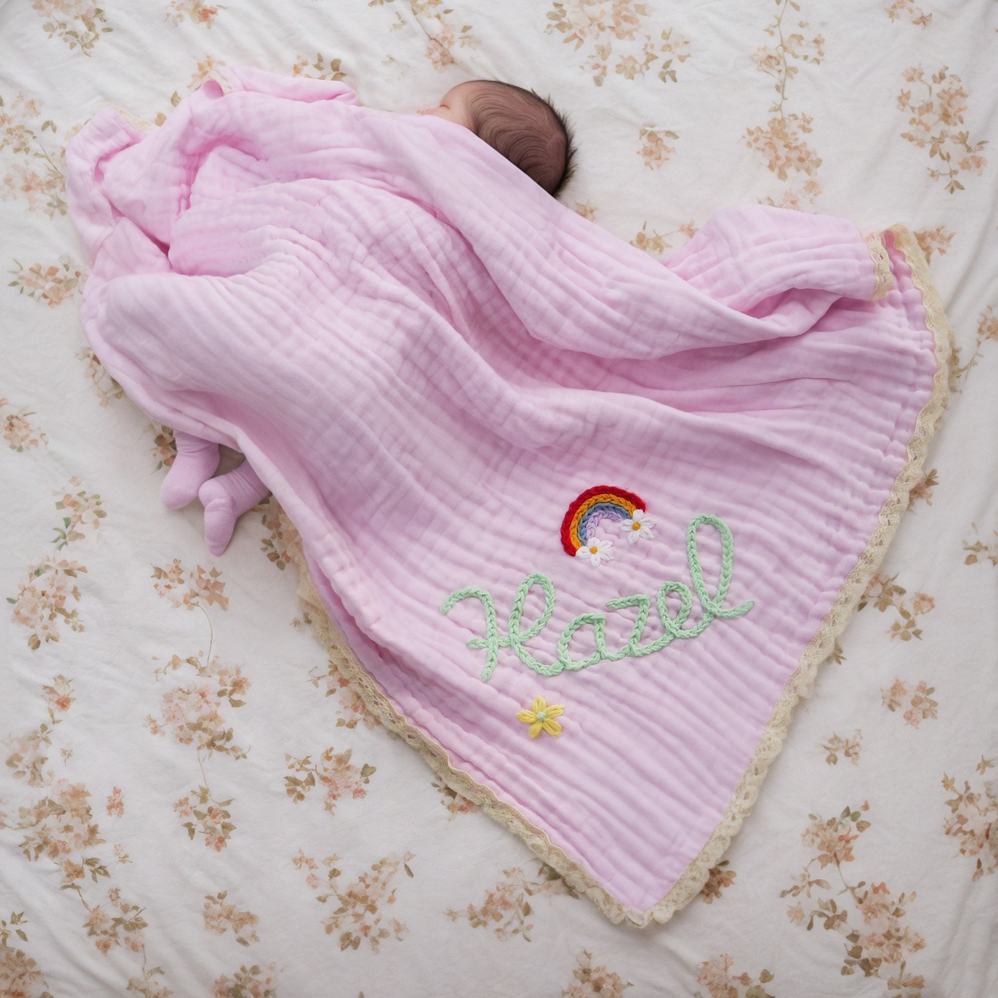 Custom Embroidered Baby Name Blanket, Personalised Baby Blanket, Lace Soft Cotton Knit Blanket, Newborn Gift, Baby Shower Gift