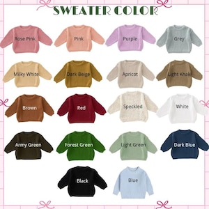May include: A color chart displaying seventeen long-sleeve sweaters in various shades including rose pink, pink, purple, grey, milky white, dark beige, apricot, light khaki, brown, red, speckled, white, army green, forest green, light green, dark blue, and black.