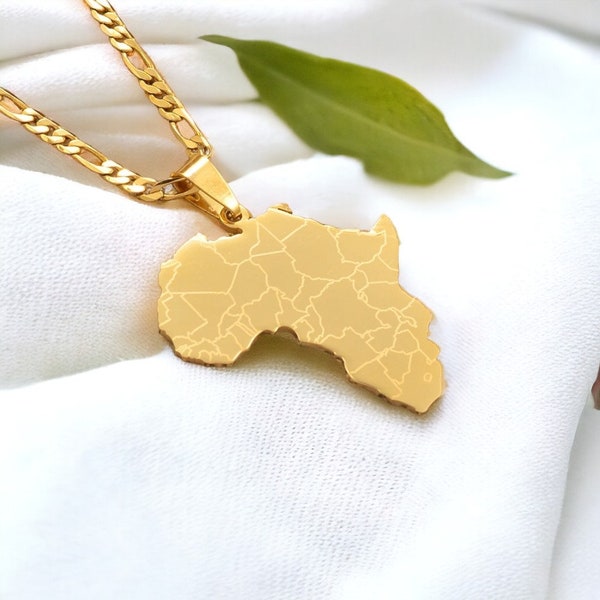 Africa Map Outline Pendant Necklace • Africa Map Charm Necklace • African Culture Jewellery • 18K Gold Plated • Gift Him Her