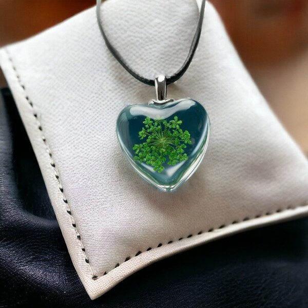 Handcrafted Heart-Shaped Epoxy Pendant Necklace with Floral Accent, Blue/Purple/Green Resin Jewellery, Unique Gift for Her