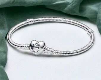 S925 Sterling Silver Minimalist Bracelet, Pandora Bracelet, Heart Clasp Snake Chain Bracelet, Charm Bracelet, Gift for Her