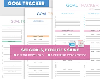 May include: Printable goal tracker planner with pink, blue, and green accents. The planner includes sections for monthly goals, weekly goals, and action steps. The text "SET GOALS, EXECUTE & SHINE" is displayed in a pink banner.
