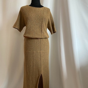 Merino Wool Maxi Dress With Short Sleeves And Front Slit, Soft Warm Winter Knitwear, Minimalist Elegant Long Wool Dress