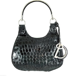 Christian Dior authentic black croc-embossed patent leather hobo bag