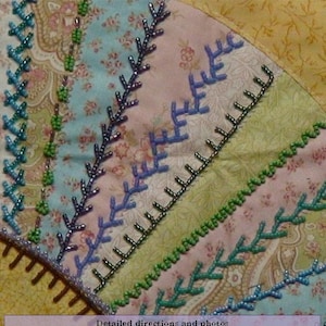 May include: A book cover with the title "Bead Embroidery Stitches" in a purple banner. The cover features a close-up of a colourful patchwork quilt with various bead embroidery stitches. The text "Detailed directions and photos of 9 bead embroidery crazy quilt stitches" is in a purple banner below the image. The author's name, "Amy Munson", is in a purple banner at the bottom.