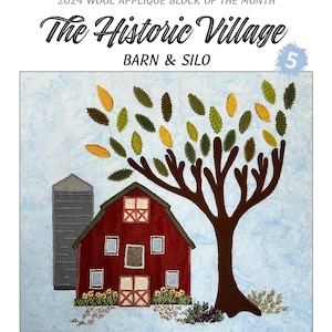Puede incluir: Un granero rojo con un silo gris, un árbol marrón con hojas verdes y amarillas, y un cielo azul. El texto "The Historic Village" y "Barn & Silo" están en la imagen. El número "5" está en un círculo en la esquina superior derecha.