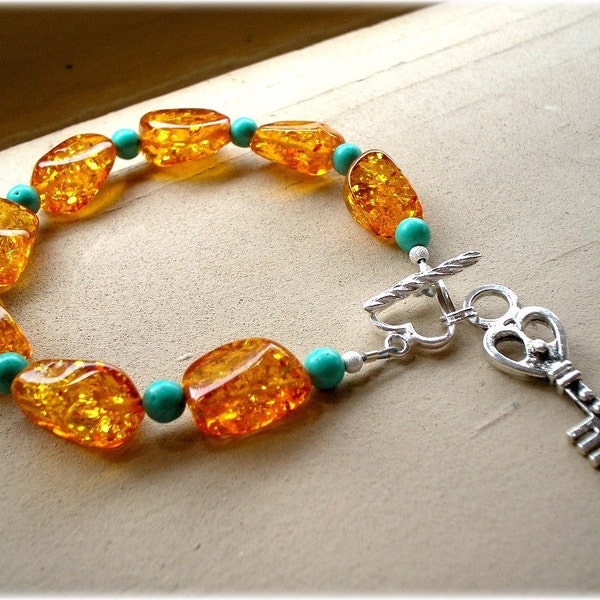 Amber Sky- Baltic Amber, Turquoise and Sterling Silver Bracelet