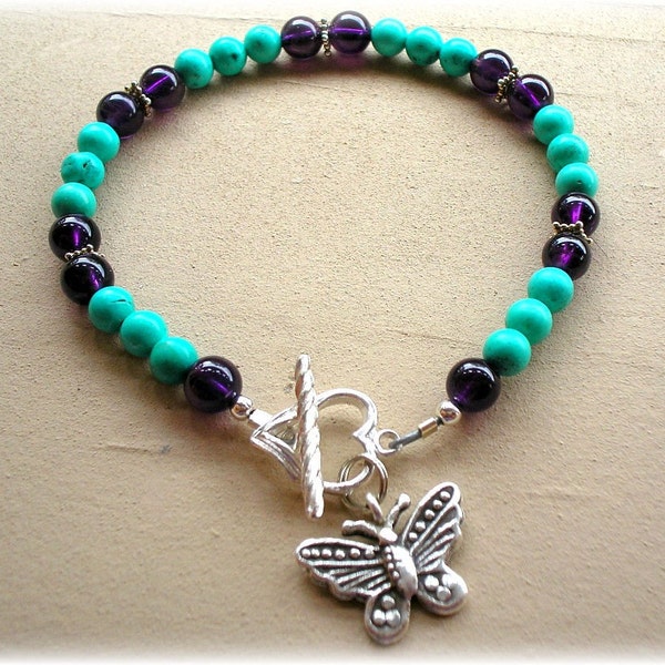 Butterfly Turquoise, Amethyst and Sterling Silver Bracelet