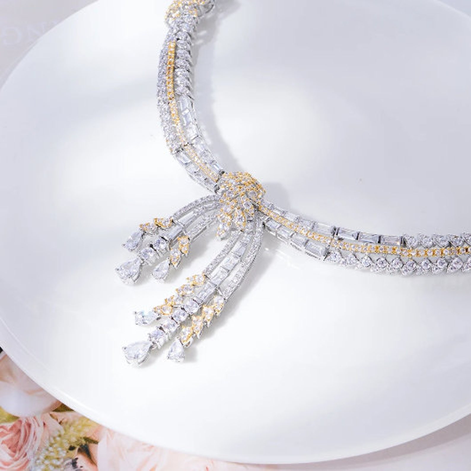 White Cubic Zirconia Necklace Set for Women Dubai Bridal Jewelry 2Pcs