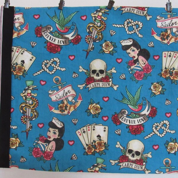 Travel Pillowcase - Pillow Cover Tattoo Lady Pin Up Girl  Sailor Skull Cards Hearts Retro Tattoo by Fabric Traditions French Seams