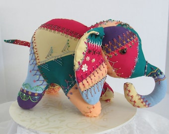 Crazy Quilt Patchwork Stuffed Elephant, Home Decor, Collectible, Keepsake, Heirloom - OOAK with Certificate of Authenticity