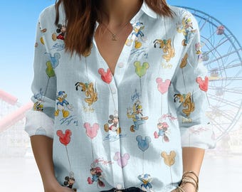 Chemise blouse Mickey et ses amis, chemise à manches longues Disney Squad, chemise femme voyage magique Disney, chemise imprimée personnage classique