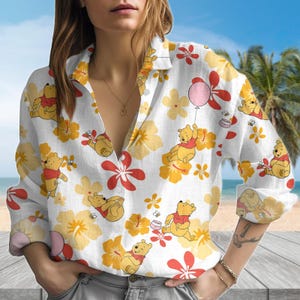 Winnie The Pooh Blouse Shirt, Pooh Bear Aloha Summer Shirt, Disney Shirt, Disneyland Trip Shirt For Her, Magic Kingdom Tee Women