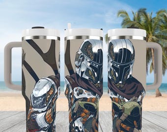 Vaso de Star Wars de 113 ml (40 oz), diseño de mandaloriano, de acero inoxidable, ideal para fans de Star Wars, con el mandaloriano y Grogu como regalo.