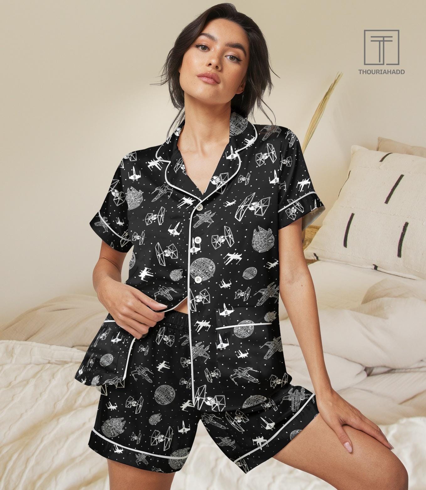Discover Star Galaxy Pajama Set with Pockets, Space Silk Pajamas For Women, Natural Star Galaxy Bridal Party Pajamas, Women Short Sleeve Pajamas