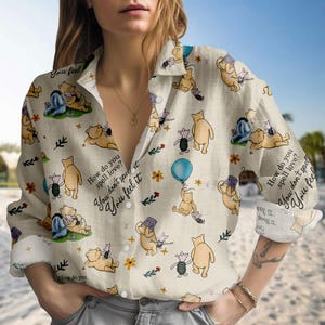 Winnie The Pooh Blouse Shirt, Cute Bear Print Shirt For Women, Disneyland Trip Long Sleeve Shirt, Pooh And Piglet Shirt For Her