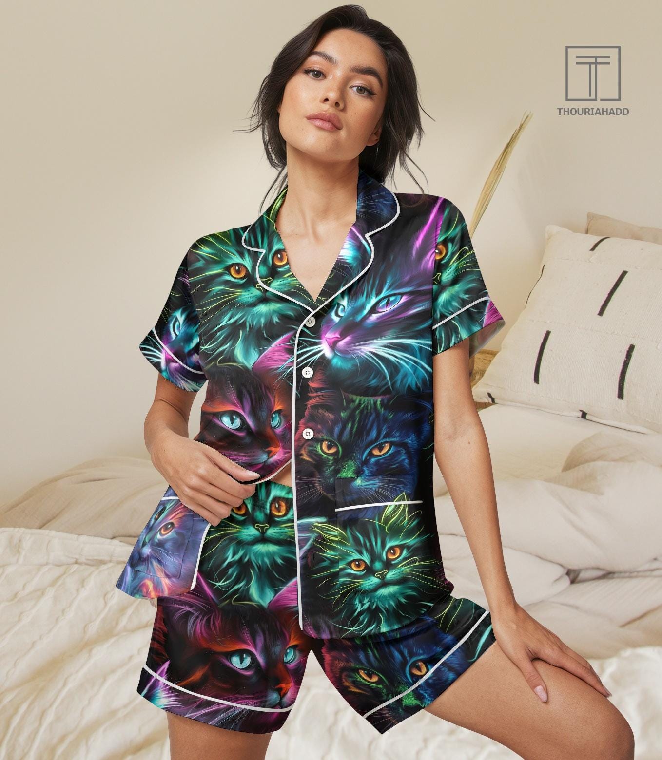 Discover Cat Pajama Set with Pockets, Kitty Cat Pajama Set Women, Cat Lover Short Sleeve Pajamas, Pet Love Bride Pajamas