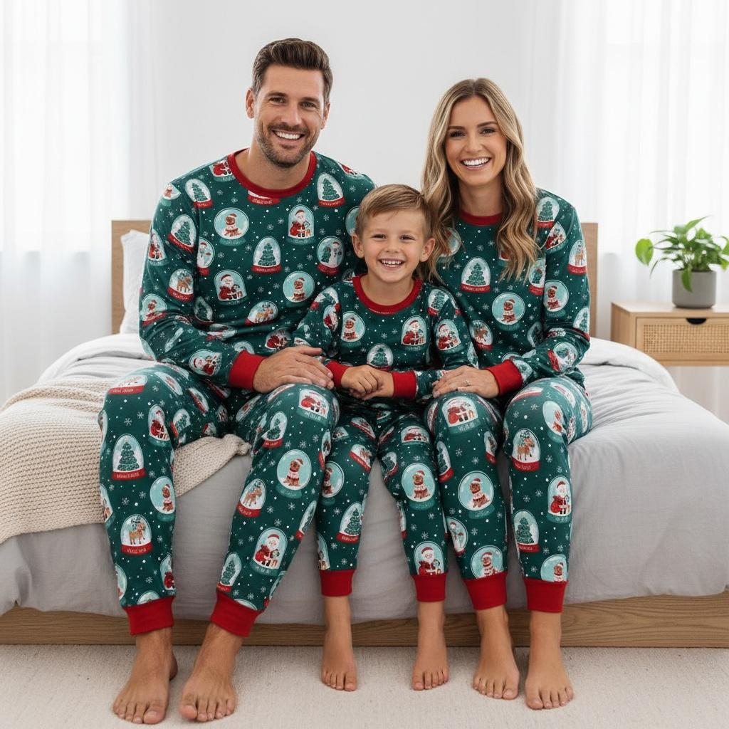 Discover Christmas Snow Globe Pajama Set for Adults, Santa Family Holiday Sleepwear, Cozy Matching Pajamas