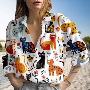 Cat Floral Blouse Shirt, Cute Kitty Print Shirt For Women, Summer Pet Lover Long Sleeve Shirt, Flower Cat Shirt For Her