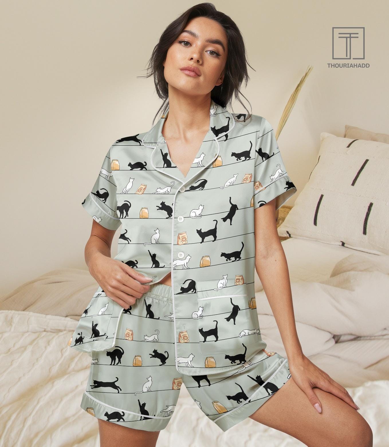 Discover Cute Cat Pajama Set with Pockets, Funny Black Cat Bridesmaid Pajamas, Pet Lover Pajamas Shorts, Black And White Cat Silk Pajamas