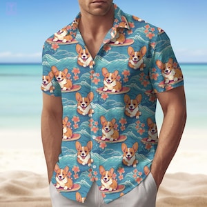 Corgi Dog Button Shirt, Corgi Ocean Shirt For Men And Women, Funny Corgi Summer Shirt For Him, Animal Beach Shirt, Dog Lover Shirt
