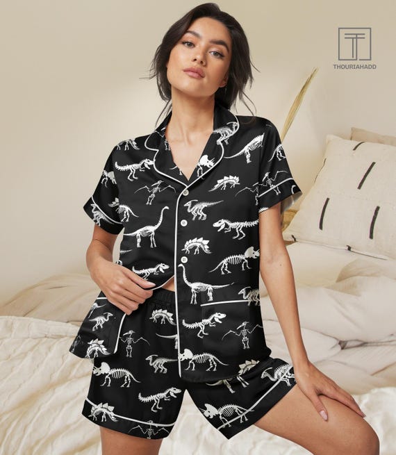Dinosaur Skeleton Short Satin Pajamas, Dinosaur Lover Bride Pajamas, Paleontology Pajamas Shorts, T Rex Skeleton Silk Pajamas For Women