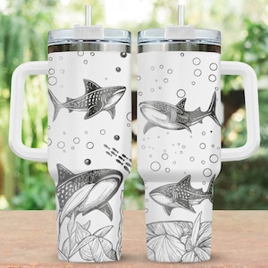Whale Shark Ocean Engraved Tumbler, Ocean Lover 40oz Tumbler, Deep Sea Shark Stainless Steel Tumbler, Beach Drinkware Tumbler For Fan