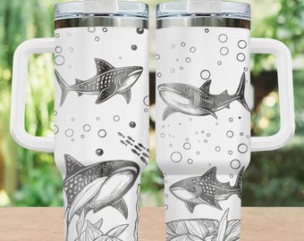 Whale Shark Ocean Engraved Tumbler, Ocean Lover 40oz Tumbler, Deep Sea Shark Stainless Steel Tumbler, Beach Drinkware Tumbler For Fan