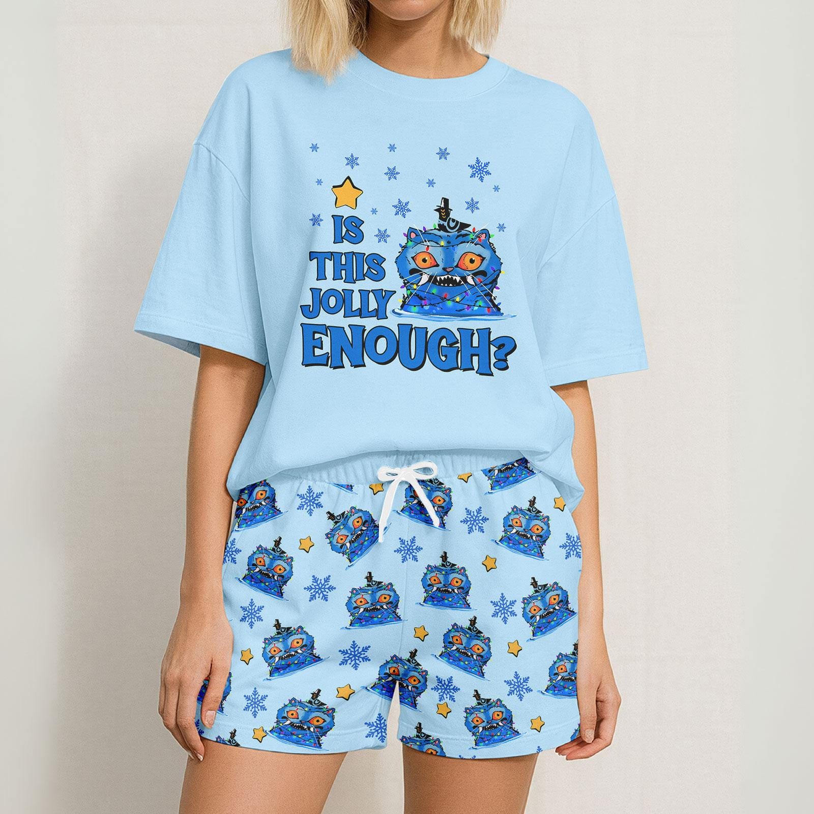 Discover Kpop Tiger Christmas T Shirt and Shorts Set, Funny Blue Tiger Pajama Set for Women, Is This Jolly Enough Outfit, Cute Holiday Sleepwear
